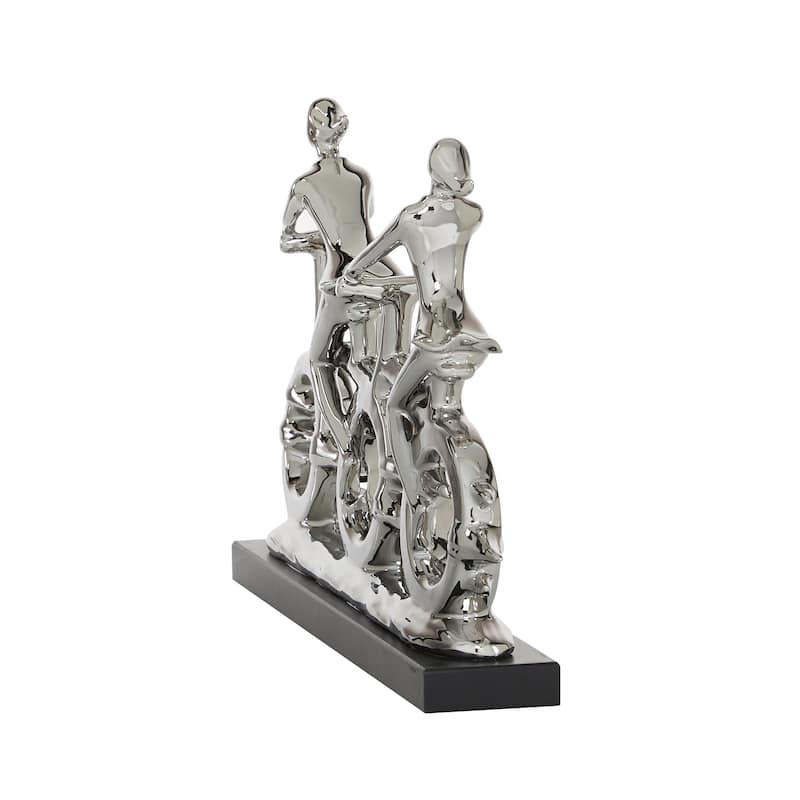 Silver Polystone People Decorative Sculpture with Bike - 18 x 3 x 13