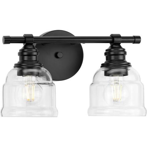 Ambrose Collection Two-Light Matte Black Clear Glass Bath Vanity Light - 13 in x 6.5 in x 7.88 in