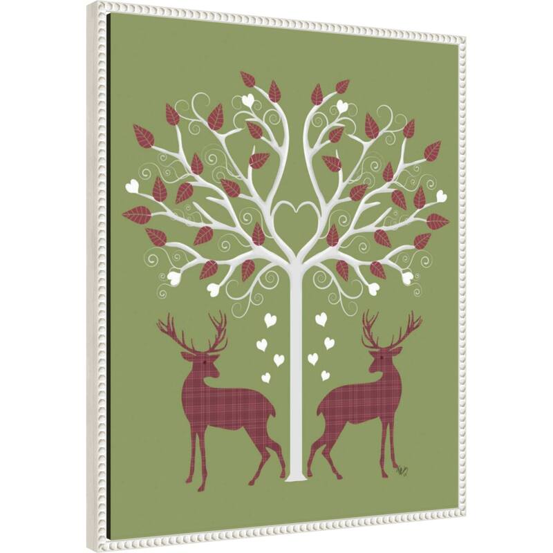 Christmas Des Deer and Heart Tree Pink On Green by Fab Funky (23 x 28 in.), Framed Canvas Wall Art Print - Sylvie Beaded White