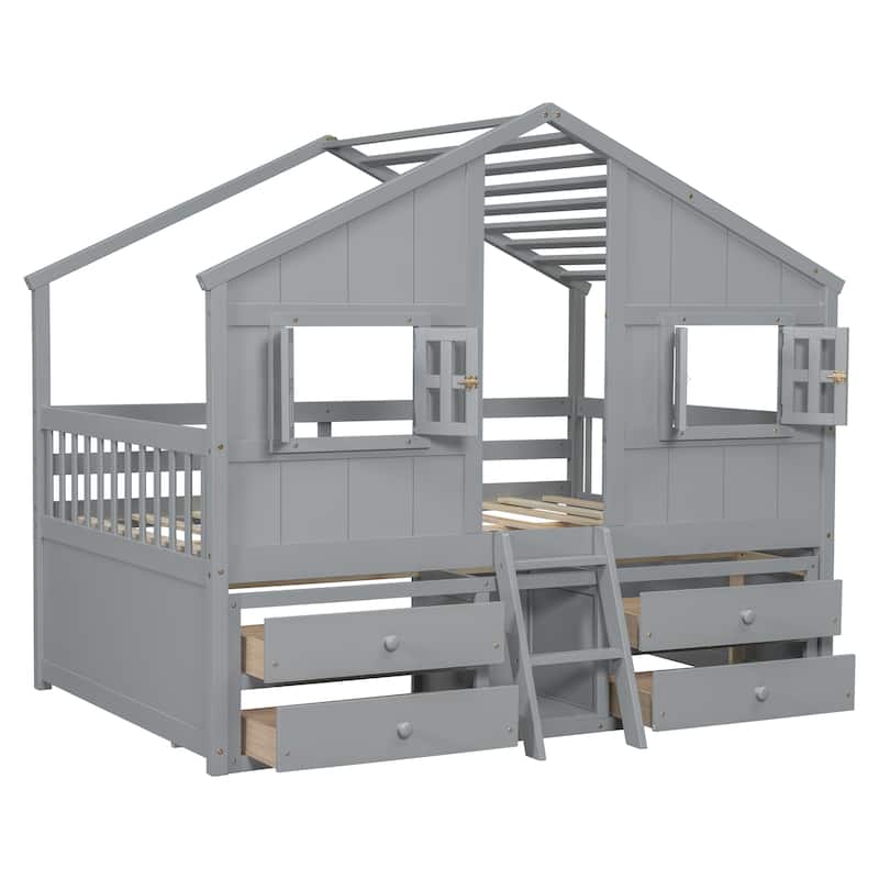 Full Size House Loft Bed with Roof, Windows, 4 Drawers, Safety Guardrails, Ladder, Grey