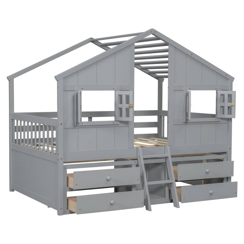 Full Size House Loft Bed with Roof, Windows,4 Storage Drawers,Pine Wooden Bed with Safety Guardrails,Ladder