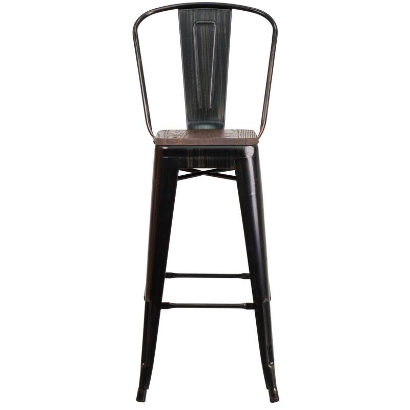 30" High Metal Barstool with Back and Wood Seat - 17.75"W x 20"D x 45.25"H