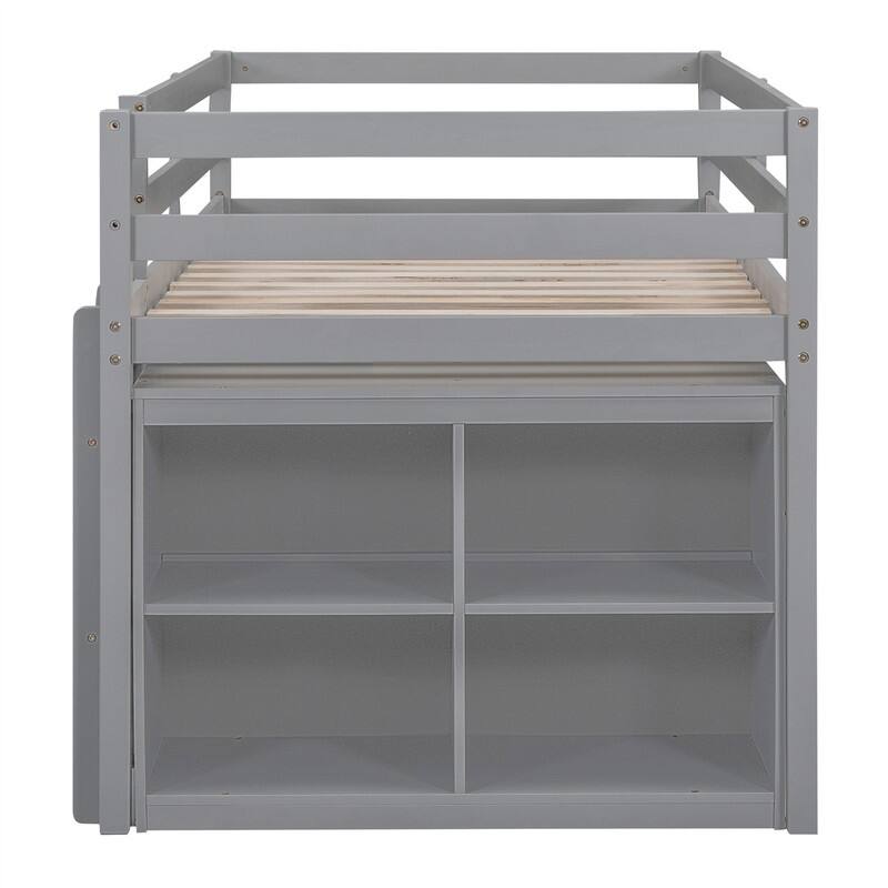 Twin/Full Size Low Loft Bed with Retractable Writing Desk and 4 Drawers, Wooden Loft Bedframe w/ Lateral Portable Desk & Shelves