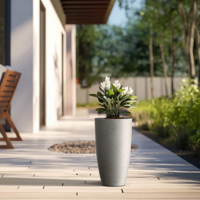 Tall Concrete Round Plant Pots / Large Indoor and Outdoor flower Planters - 13.5 Inch x 24 Inch - Light Gray