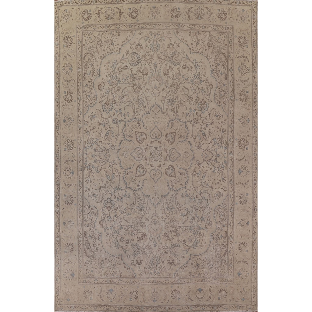 Vintage Distressed Tabriz Persian Rug Geometric Handmade Wool Carpet - 9'6" x 13'1"