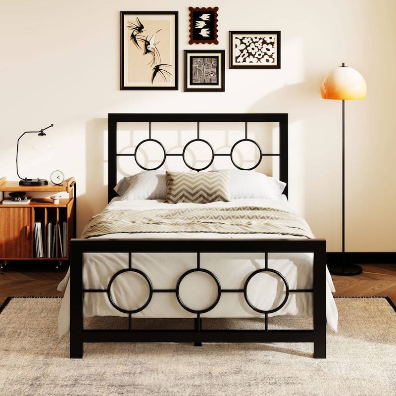 Twin Size Metal Platform Bed Frame with Headboard and Footboard Modern Art Deco Style No Box Spring Needed