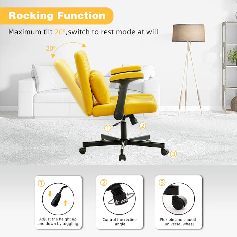 Yellow Cross-Legged Office Chair, Vanity Chair with Adjustable Seats and Wheels, for Home Offices and Studies