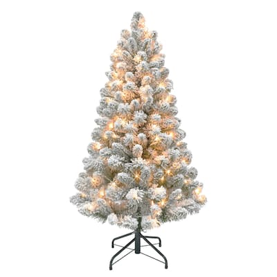 Puleo International 4 ft ft Pre-Lit Flocked Virginia Pine Artificial Tree 269 Tips 150 Clear Lights
