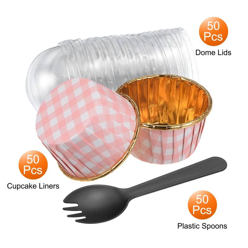 50pcs Plaid Cupcake Liners with Dome Lids Aluminum Foil 3.5oz Standard - Pink