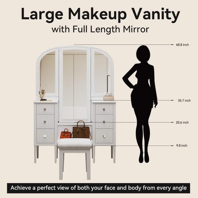 Makeup Vanity Desk with Triple Mirror, 6-Drawers and Stool
