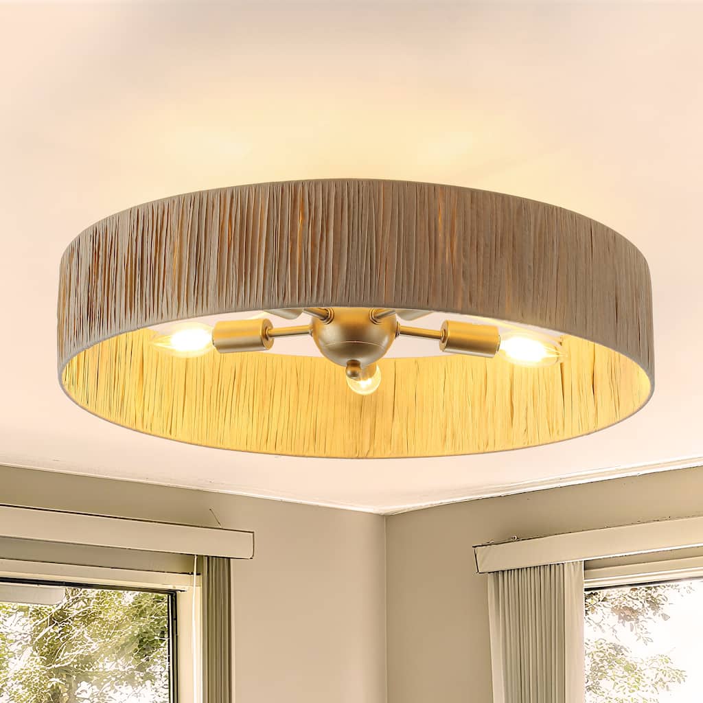 5-Light Natural Raffia Semi Flush Mount Ceiling Light- Farmhouse Rustic - 21.65"x21.65"x7.2"
