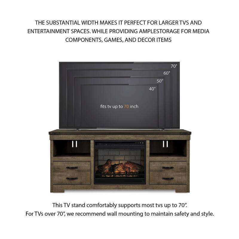 Signature Design by Ashley Trinell Brown 63" TV Stand for TVs up to 72" with Electric Fireplace - 63.5"W x 19.75"D x 26.25"H