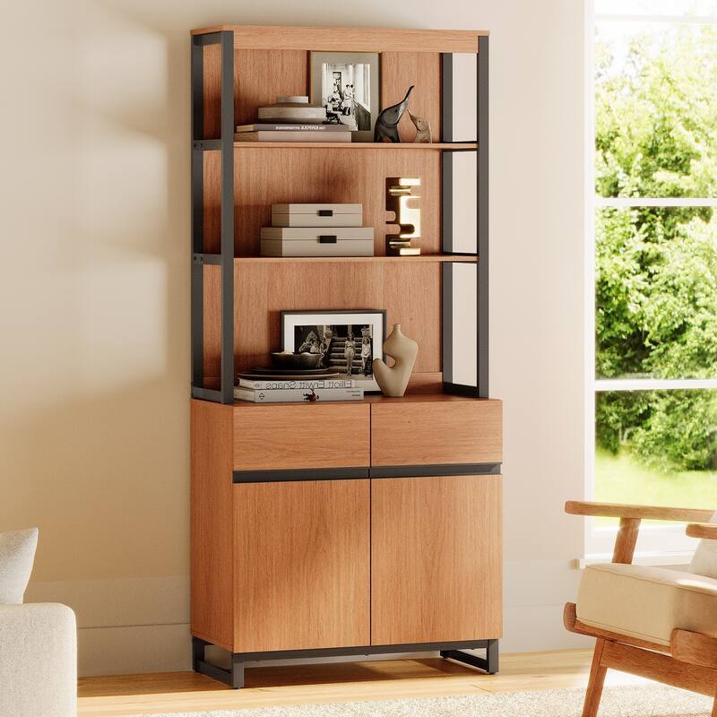 WAMPAT Modern 72" Tall Bookcase with Metal Base and Adjustable Shelves, Library Book Shelf with Storage Cabinet - 1 Piece - Mocha