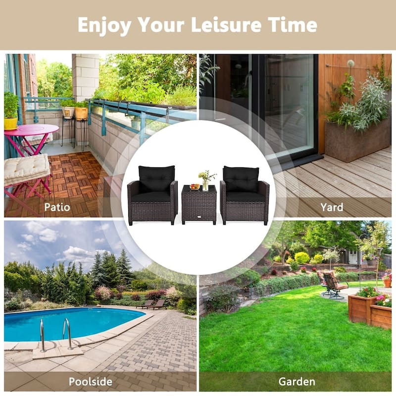 3 Pieces Rattan Patio Furniture Set with Washable Cushion - Chair: 26.5" x 26.5" x 30"