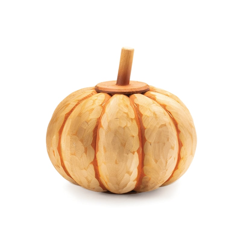 Orange Fir Wood Carved Pumpkin Set of 2 with Rustic Texture for Fall Decor - .5” x 7.5” x 11.5” (L x W x H)