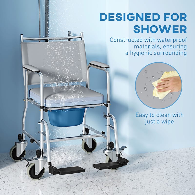 HOMCOM Rolling Shower Chair with Wheels, Bedside Commode Wheelchair with Padded Seat, Backrest, for Handicap