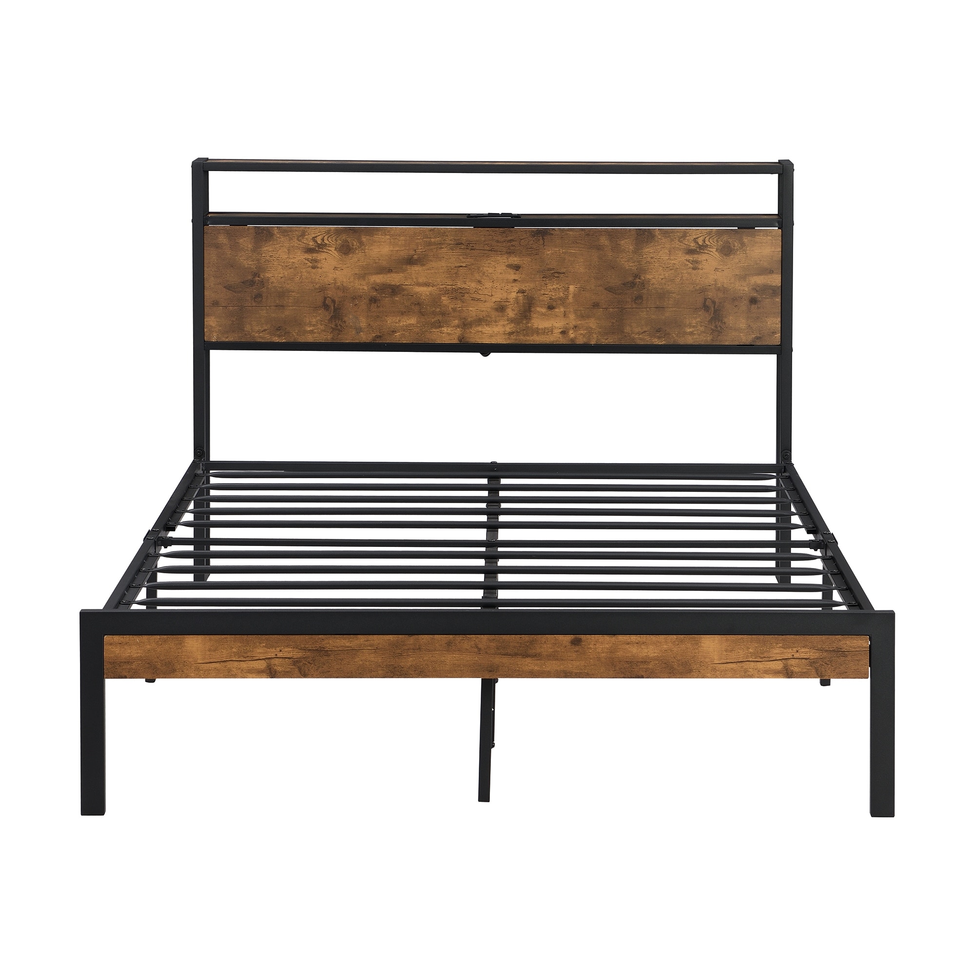 Classic Metal Platform Bed Frame, Wooden Headboard with Charging Station, Heavy Duty Metal Slats Support, Under Bed Storage