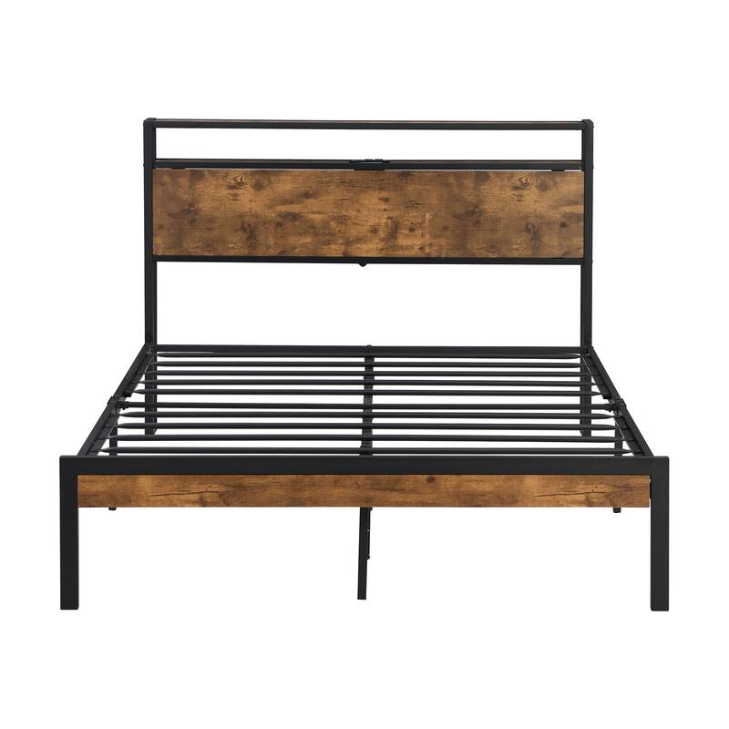 Metal Platform Bed Frame with Wooden Headboard and Footboard with USB LINER