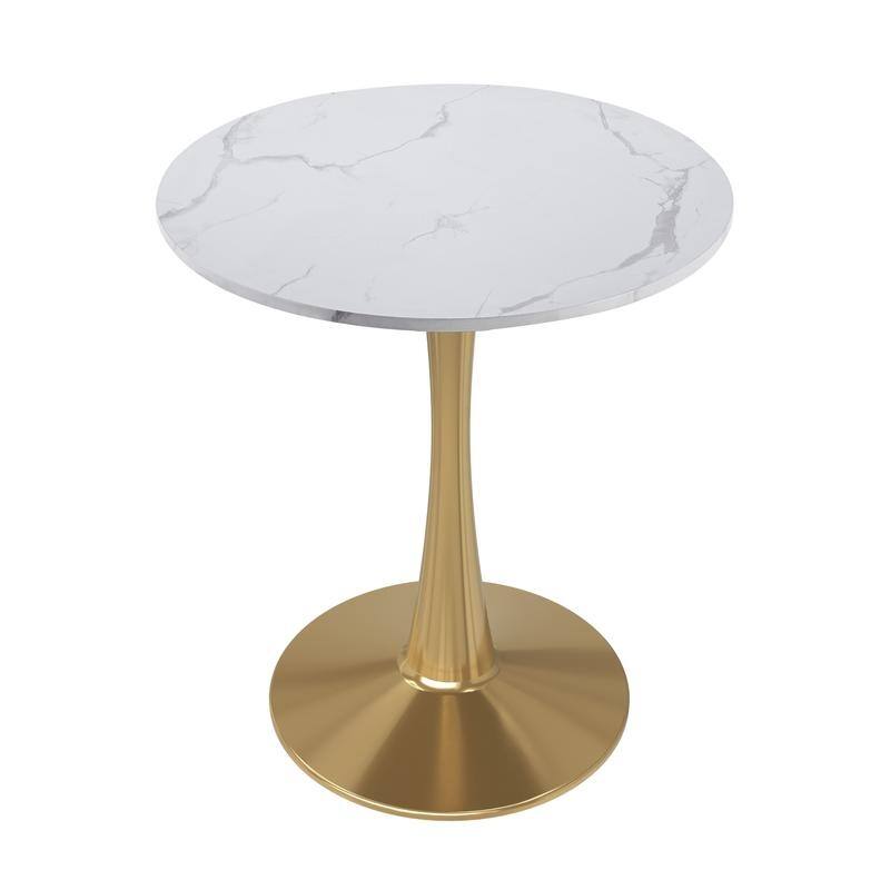 Bristol Minimalist Modern Round Dining Table with Solid Wood Top and Accent Gold Stainless Steel Base for Home or Kitchen - Marbled White - 24 Inches