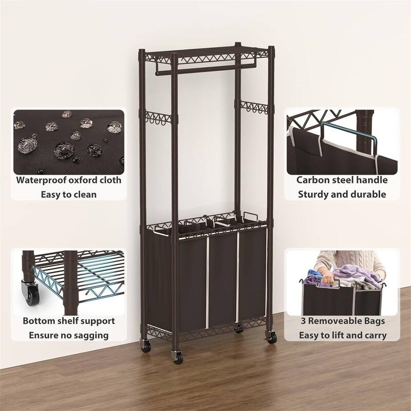 Laundry Sorter 3 Section with Hanging Bar - 14.2"D x 31.1"W x 72.8"H