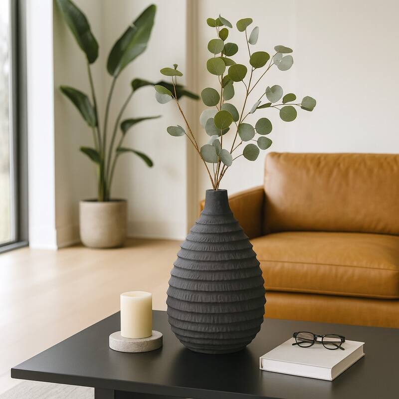 Ceramic Bud Faded Ribbed Bulbous Vase - Black, 15"