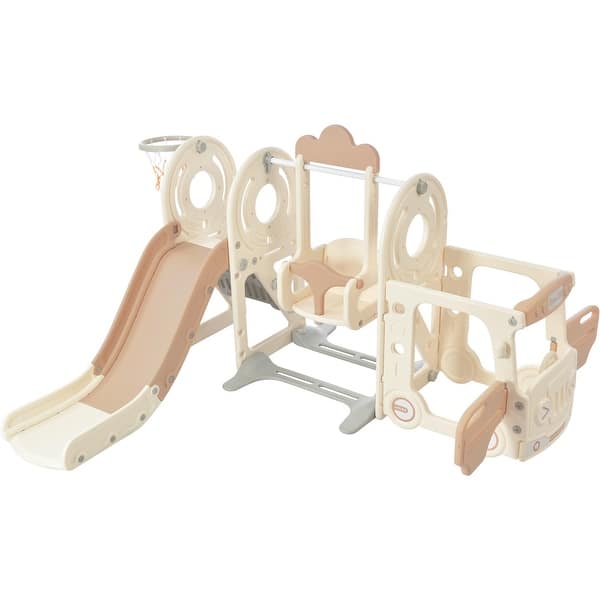 slide 2 of 6, Kids Swing N-Slide Set With Bus Play Structure Freestanding Climber Slide Playset With Basketball Hoop