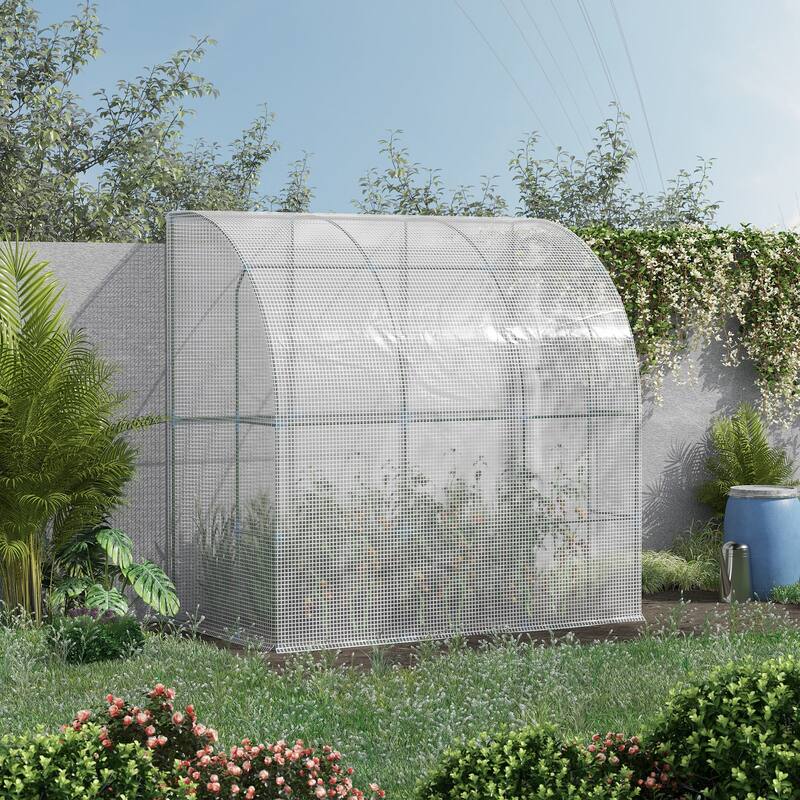 7' x 4' x 7' Outdoor Lean to Greenhouse, Walk-In Green House Plant Nursery with Roll-up Window, PE Cover, White
