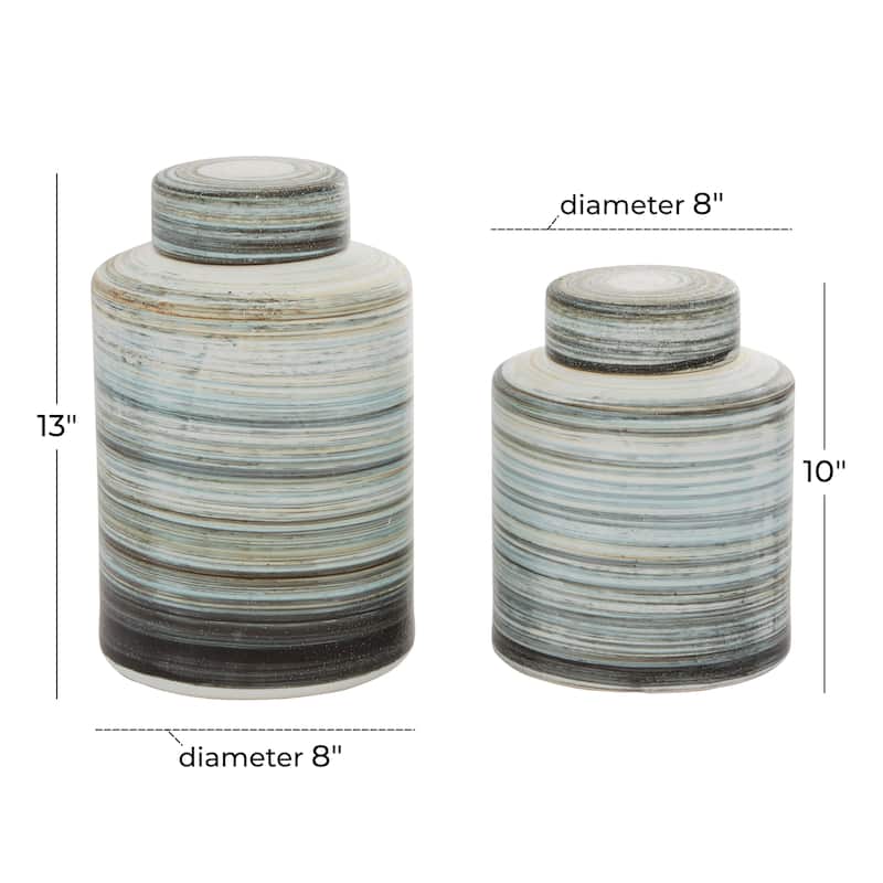 Ceramic Striped Decorative Jars - Set of 2 Gray - Roche River Decor - 8"W x 8"L x 13"H