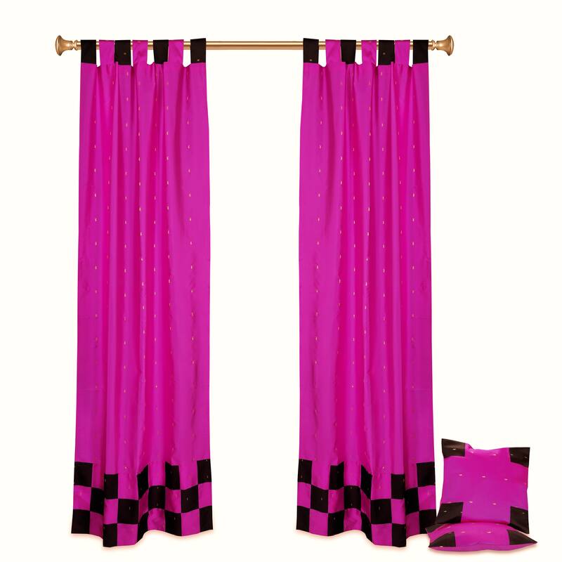 4 Pc Set Indian Sari Curtains & Cushion Covers Boho Tab Top Living Room Bedroom - Violet - 36" W X 84" L - 84 Inches
