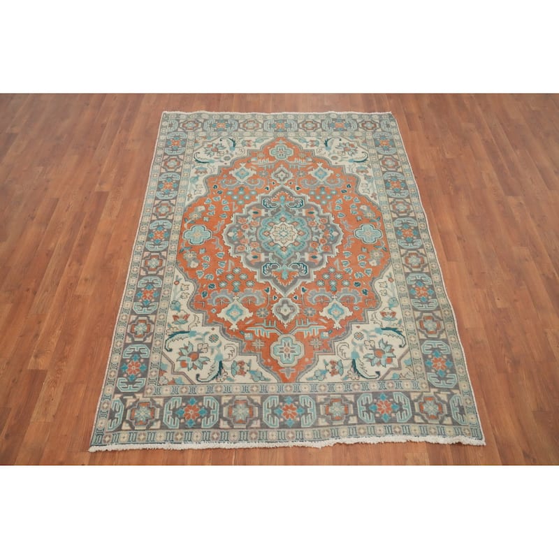 Hand Knotted Oriental 100% Wool Carpet Traditional Floral Oranges & Rust Tabriz Area Rug - 6' 5'' X 4' 8''