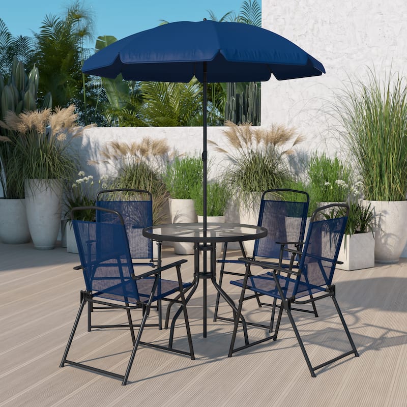 Nantucket 6 Piece Patio Garden Set with Table, Umbrella and 4 Folding Chairs - Navy