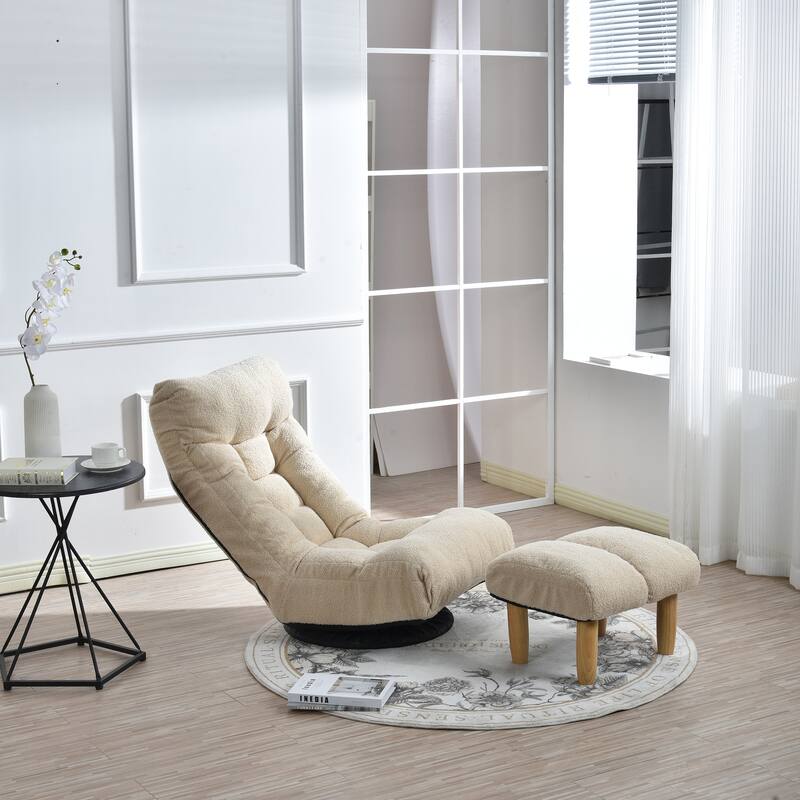 Beige Boucle Upholstered 360° Swivel Armless Manual Leisure Recliner Set with Ottoman, Adjustable Headrest and Backrest