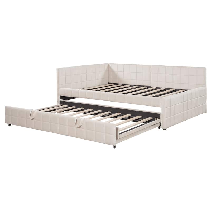 Full Size Daybed with Pull-Out Lift-Up Trundle, Upholstered Daybed Platform Bed with Stripes L-Shaped Backrest and Wood Slats