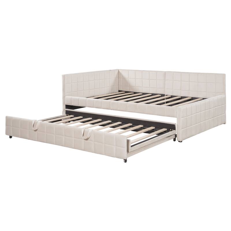 L-Shaped Upholstered Daybed with Pop Up Trundle, Checkered Tufted Sofa Bed Built-In USB Charging Ports, Full Sleeper Sofa Bed