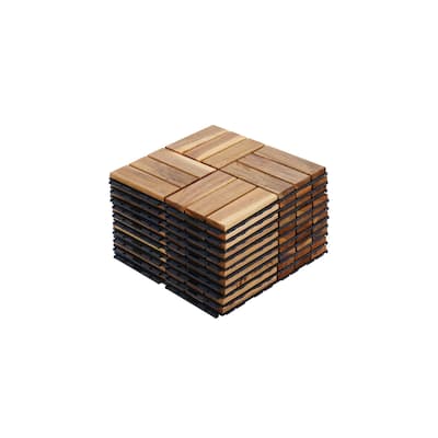10 PCS Interlocking Deck Tiles Checker Pattern, 12" x 12" Square Acacia Hardwood Outdoor Flooring for Patio,Bancony,Pool Side