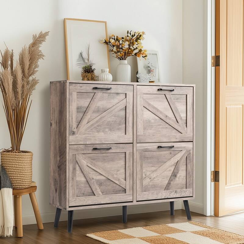 Barn Door 4 Flip Black Handles Melamine Particleboard Shoe Cabinet 41.7In - Washed Gray - 4 Drawerrs
