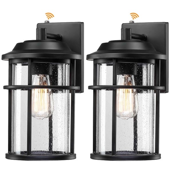 slide 2 of 7, 2 Pack 1-Light Black Outdoor Dusk to Dawn Light Cylinder Seeded Glass Shade 2-Pack