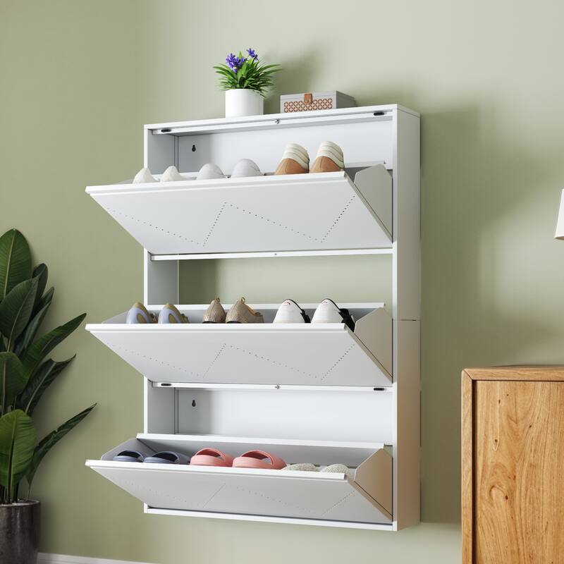 Moasis 3-Drawer Flip-Down Shoe Storage Cabinet, Wall-Mounted Metal Organizer - 3 Drawer - White