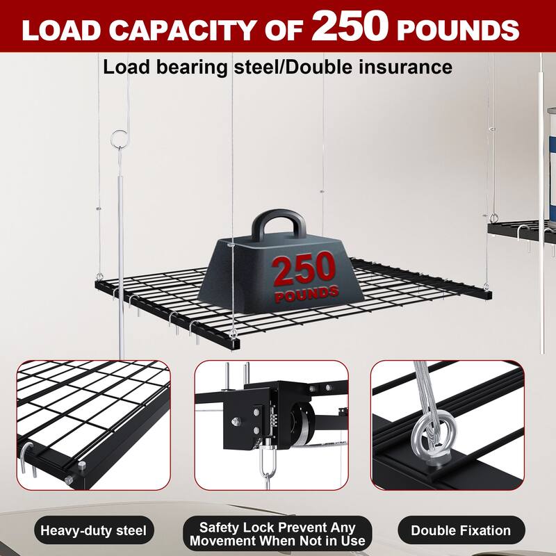 Roomfitters Overhead Garage Storage Rack 3x6 FT, Crank Down Ceiling Organizer for 10-12 FT Garages, 270lb Lift, White