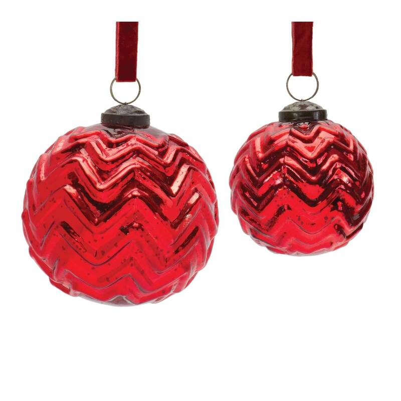 Shiny Finish Chevron Glass Christmas Ball Ornaments 4" (100Mm) Red 4Ct