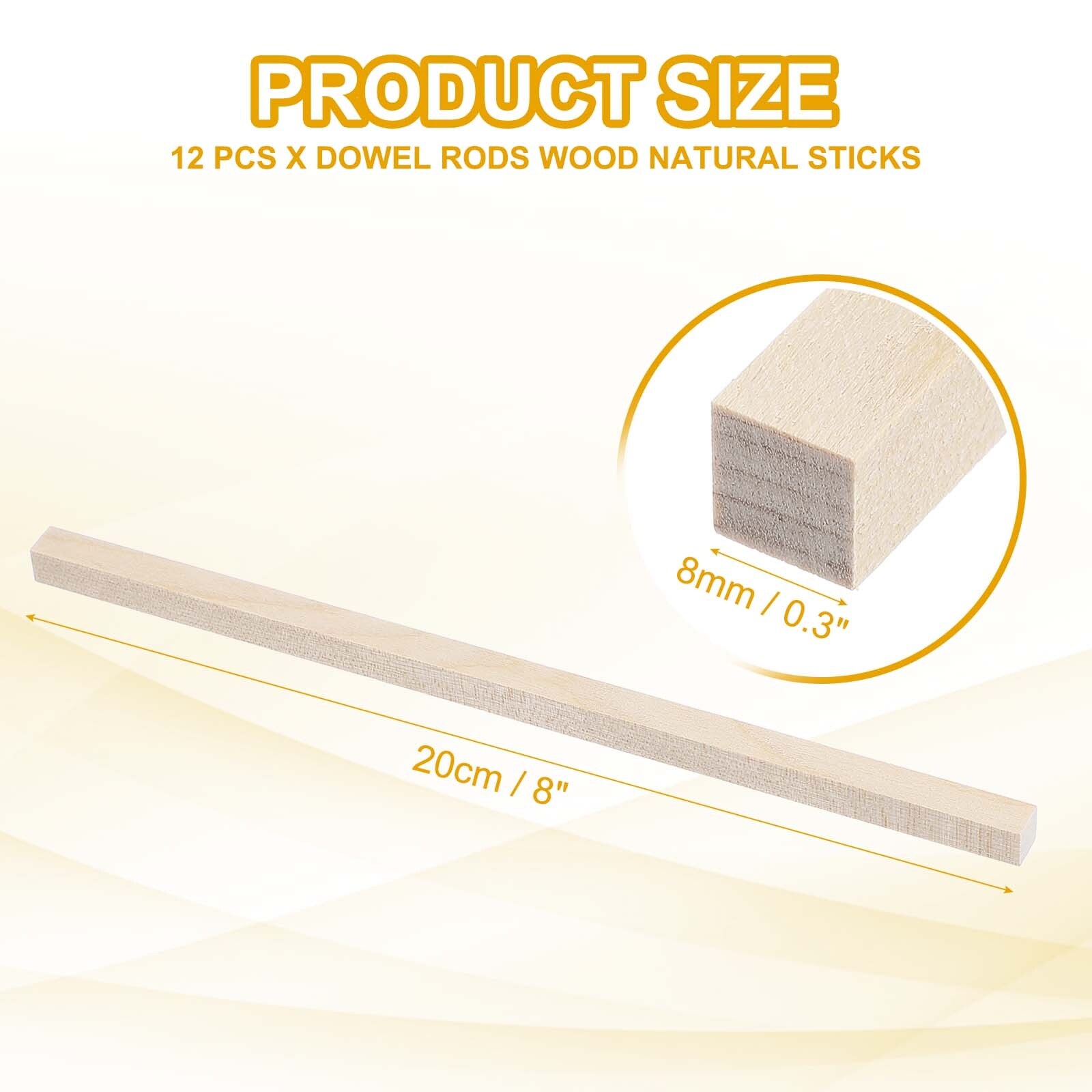 12 Pcs Wooden Dowel Rods, 1/4 x 8 Inch Square Unfinished Natural Wood Sticks - Wood Color