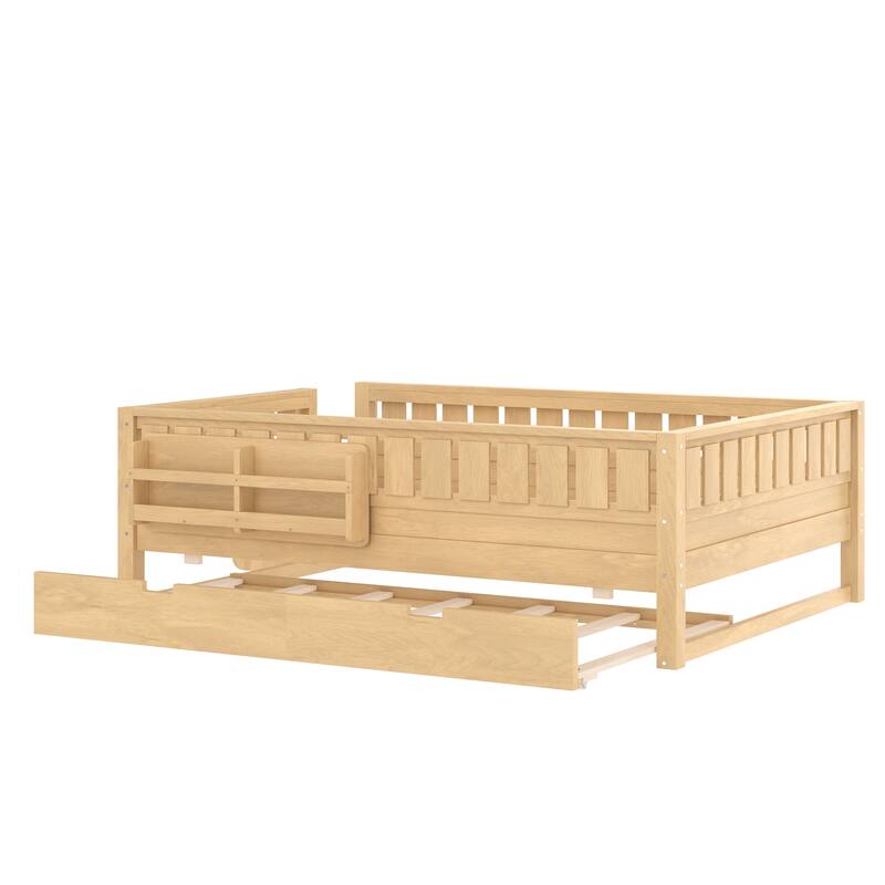 Full/Twin Size Wood Bed with Built-in Bookshelves and Storage Staircase, Safety Rails and Trundle Bed