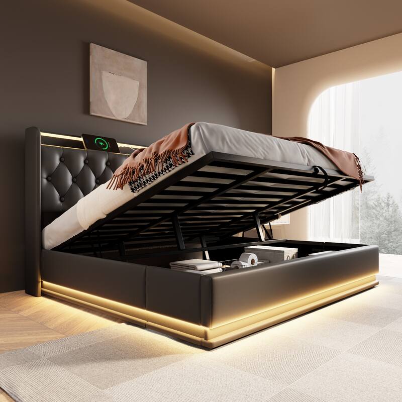 Metal Frame Storage Bed LED PU Upholstered Platform Bed, King