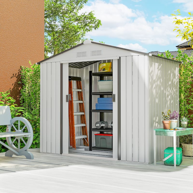 Outsunny 7'x4' Metal Outdoor Shed Organizer & Garden Storage with 4 Vents for Airflow & 2 Easy Sliding Doors - White