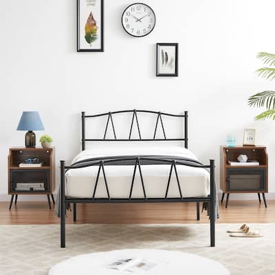 Industrial 3 Piece Bedroom Set Black Platform Bed Frame and Modern Brown Nightstands Set of 2