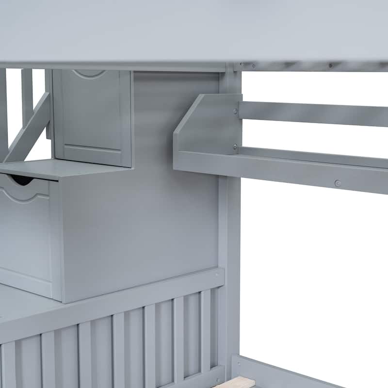 Gray Full over Full Size Solid Wood Castle Style Bunk Bed with 2 Drawers 3 Shelves and Slide for Kids, Bedroom
