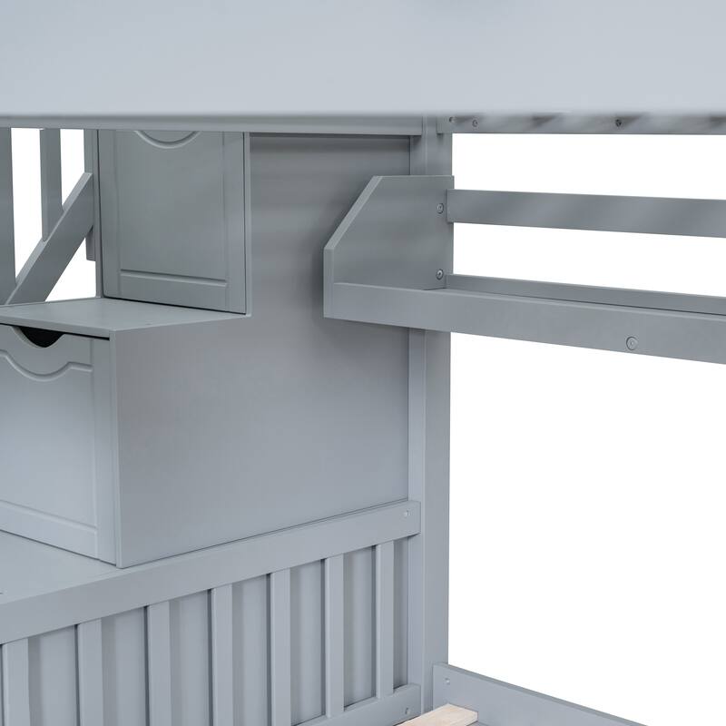Grey Full-Over-Full Solid Pine Wood Castle Style Bunk Bed with Slide