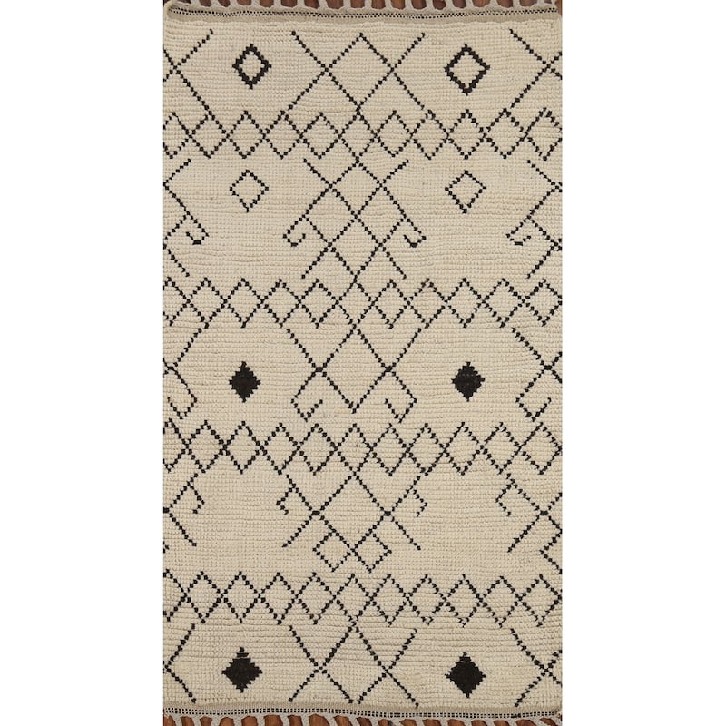 Ivory Striped Moroccan Oriental Accent Rug Handmade Wool Carpet - 2'10"x 5'6"