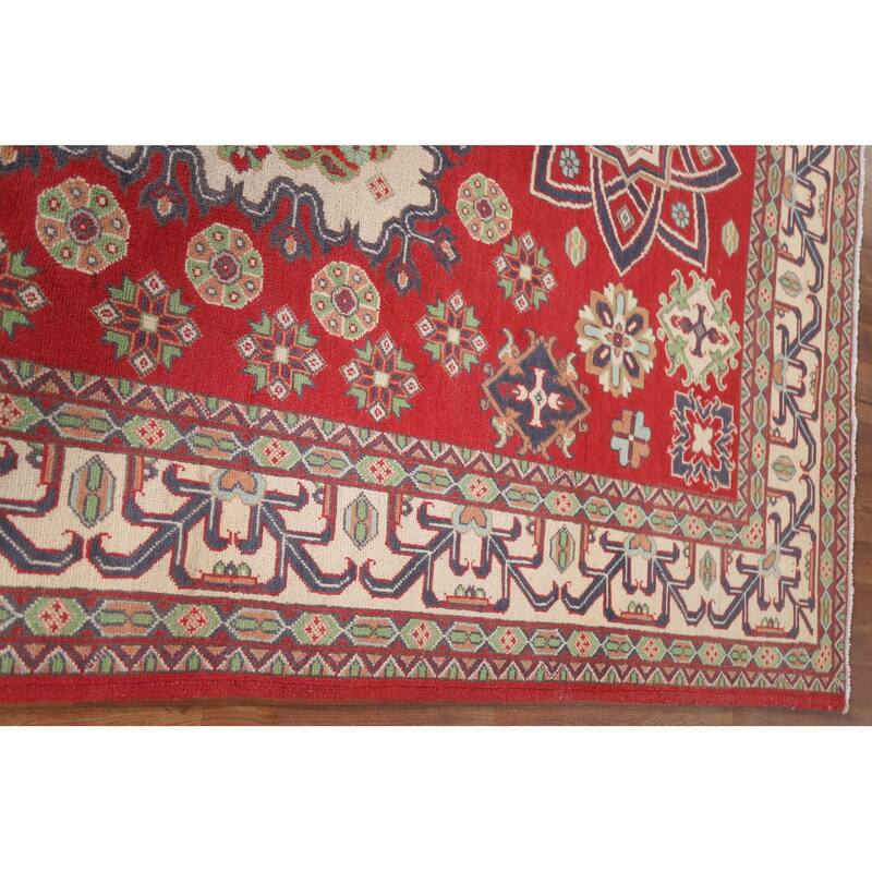 Hand Knotted Oriental 100% Wool Carpet Traditional Geometric Red Kazak Area Rug - 9' 8'' X 6' 6''