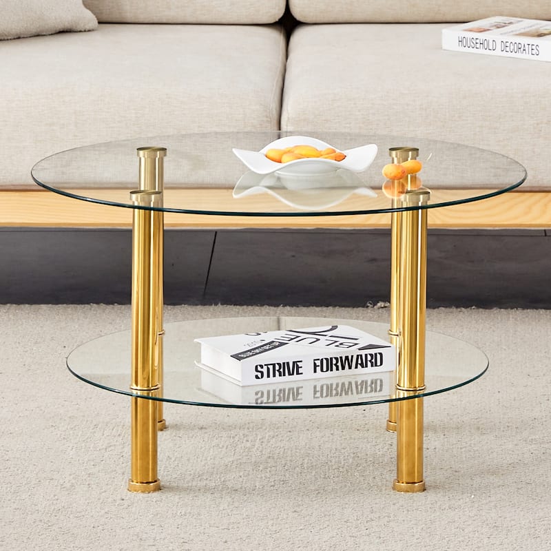 Roomfitters Double Layer Glass Coffee Table with Gold Legs, 27.5" Top and 23.6" Bottom, Modern Minimalist Design